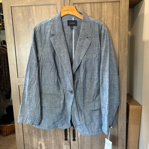 NWOT Lands End 20W Blazer Jacket Cotton Chambray Blue One Button - Picture 1 of 10